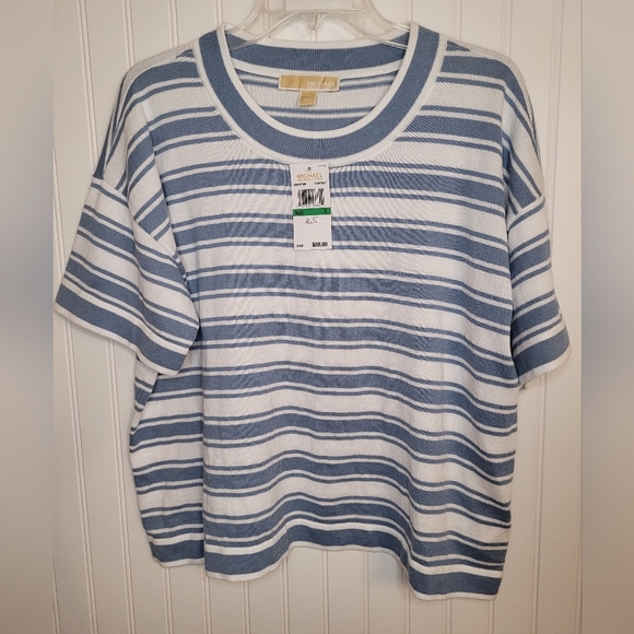 Michael Kors Chambray & White Striped Short Sleeve Sweater NWT Sz L - Picture 1 of 5